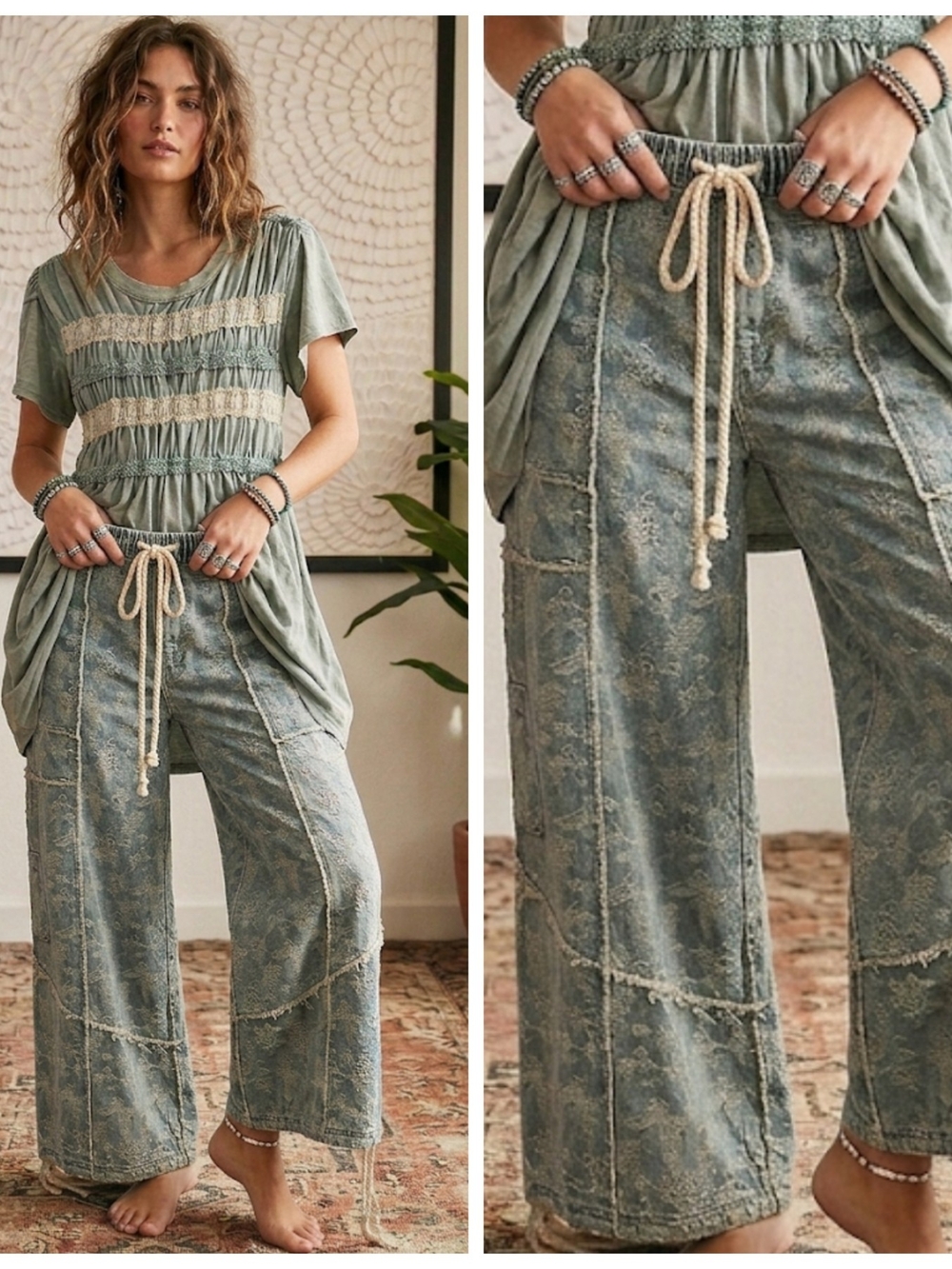 Washed Sage Wide-Leg Drawstring Pants - Women